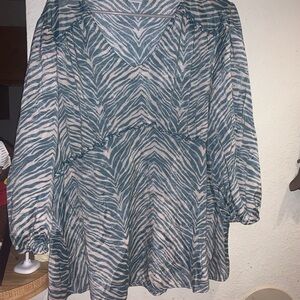 A New Day Zebra Print Blouse - Teal and White
